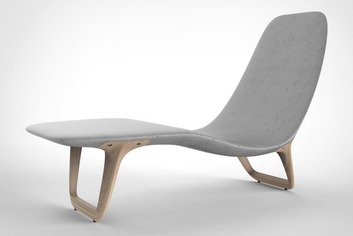 Chaise longue en béton avec repose-pieds en bois / stayconcrete